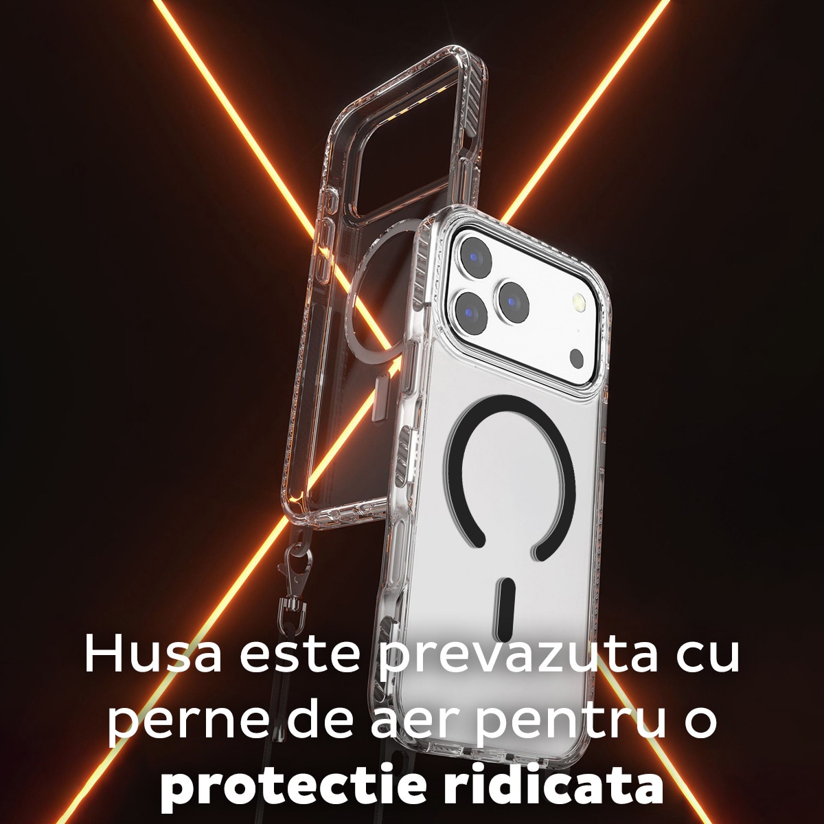 Husa pentru Apple iPhone 18 Pro Max/17 Pro Max DaDen®, Snur detasabil, Antisoc, Protectie Superioara, Bumper interior, Magsafe, Transparenta cu Gri