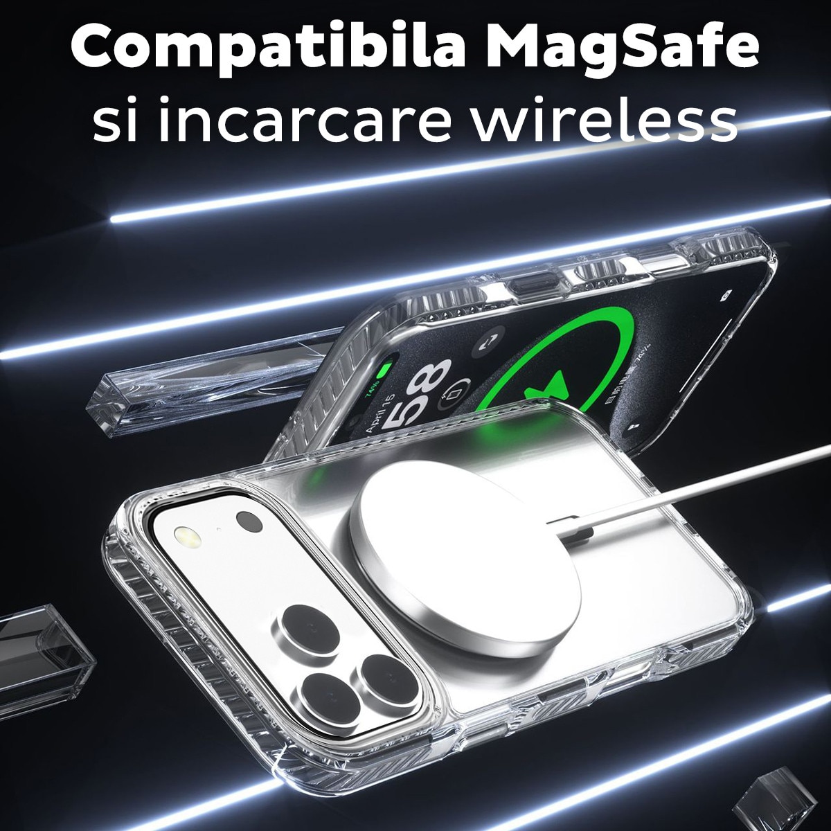 Husa pentru Apple iPhone 18 Pro Max/17 Pro Max DaDen®, Snur detasabil, Antisoc, Protectie Superioara, Bumper interior, Magsafe, Transparenta cu Gri