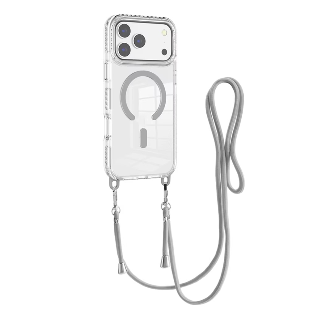 Husa pentru Apple iPhone 18 Pro Max/17 Pro Max DaDen®, Snur detasabil, Antisoc, Protectie Superioara, Bumper interior, Magsafe, Transparenta cu Gri