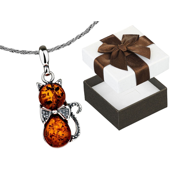 Colier scurt din argint oxidat cu pisica si chihlimbar, Siju, 42cm, culoare bruna