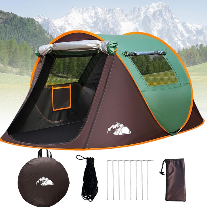 Cort camping automat, Bedee®, 2 persoane, 145x250x110cm, Impermeabil, se monteaza in cateva secunde, doua usi, cu plase de tantari, carlig interior practic, verde inchis/maro