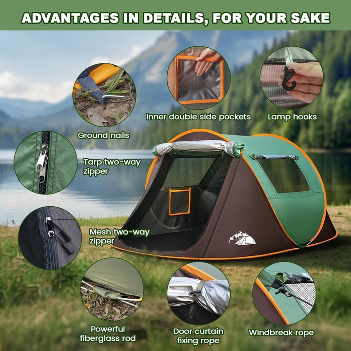 Cort camping automat, Bedee®, 2 persoane, 145x250x110cm, Impermeabil, se monteaza in cateva secunde, doua usi, cu plase de tantari, carlig interior practic, verde inchis/maro