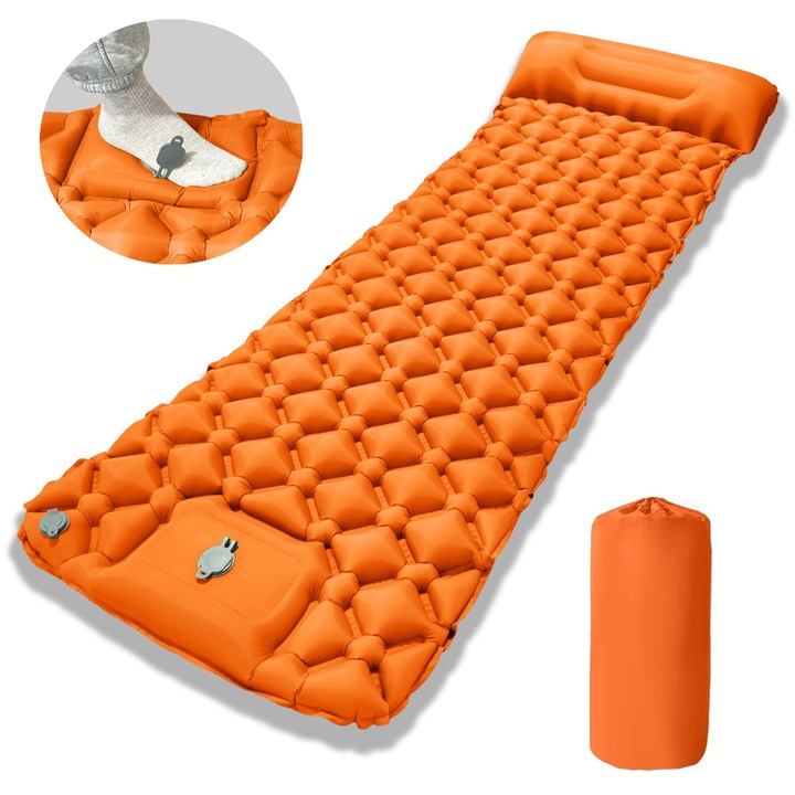 Felfújható matrac kempingezéshez vagy strandra, Bedee, 190x60x6cm, Kempingmatrac párnával, Beépített lábpumpa, Hordtáskával, Vízálló, Narancssárga
