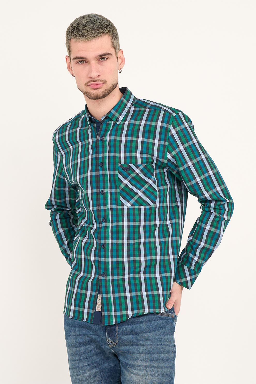 TIMEOUT, Camasa in carouri cu buzunar pe piept, Alb, Verde, Bleumarin, S
