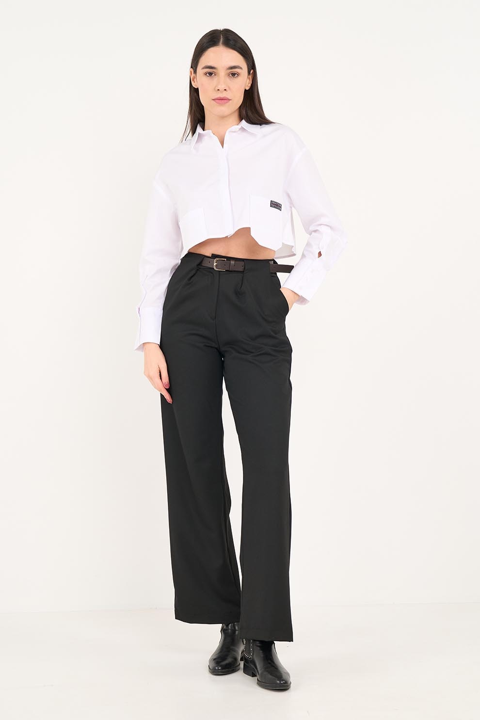 Lee Cooper, Camasa crop lejera de bumbac, Alb optic, L