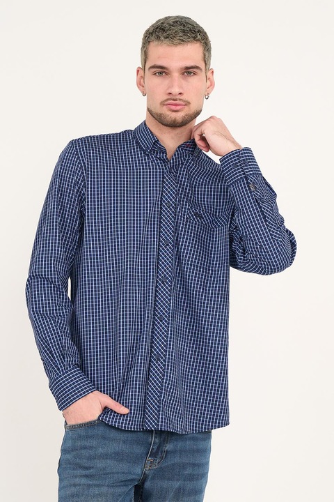 Lee Cooper, Camasa de bumbac in carouri cu buzunar, Alb/Albastru