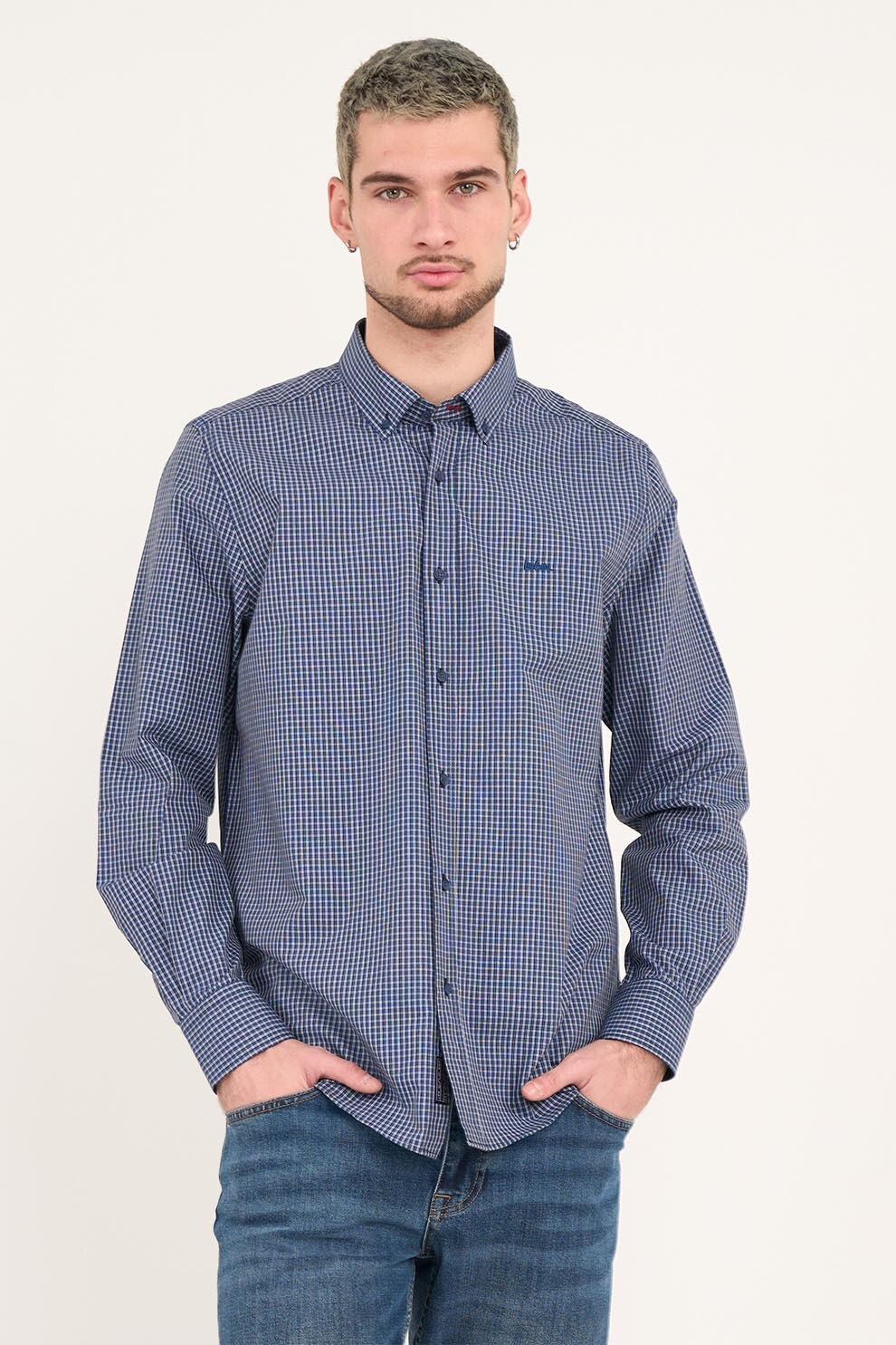 Lee Cooper, Camasa de bumbac cu model in carouri, Alb, Albastru inchis, 2XL