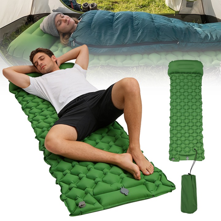 Saltea Gonflabila Pentru Camping Sau Plaja, Bedee, 190x60x6cm, Saltea de camping cu perna, Pompa de picior incorporata, Cu sac pentru transport, Impermeabila, Verde