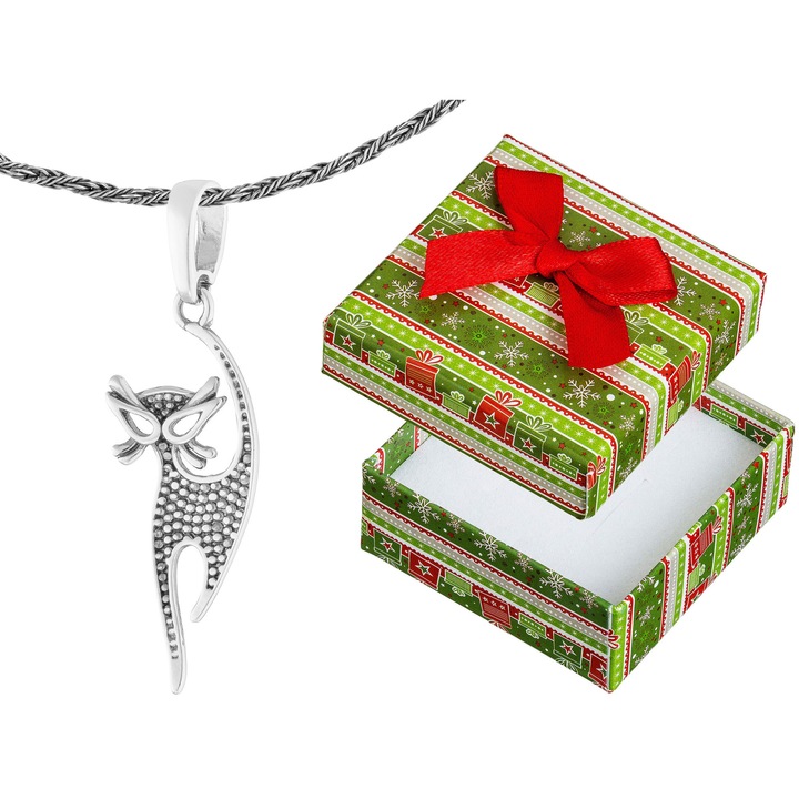 Colier lung din argint cu forma de pisica, Siju, argint 925, 90cm, oxidat, set cu cutie cadou