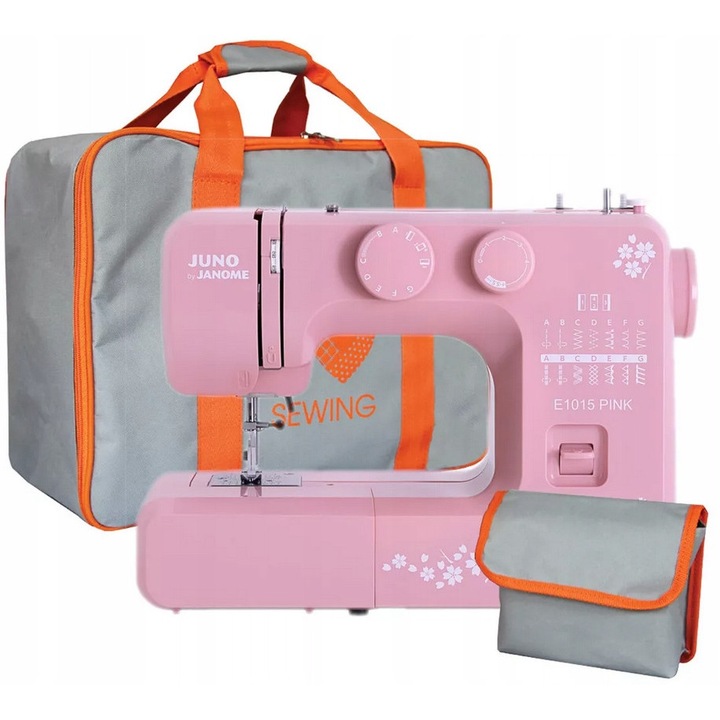 Masina de cusut Janome JUNO E1015, mecanica, 15 programe, geanta inclusa, roz