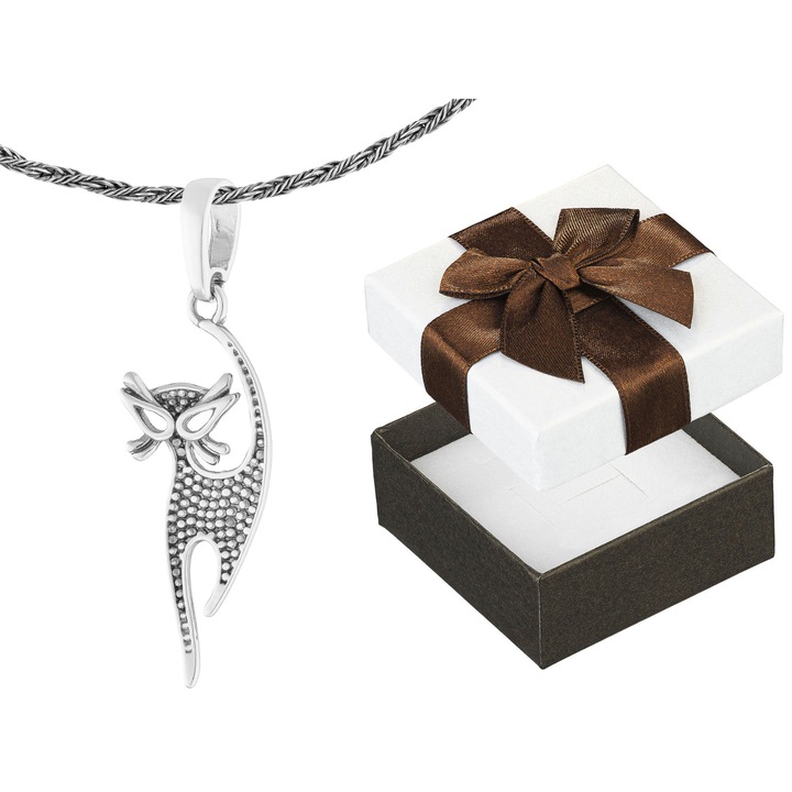 Colier scurt din argint cu pisica, Siju, argint 925, 38 cm, inclusiv cutie cadou