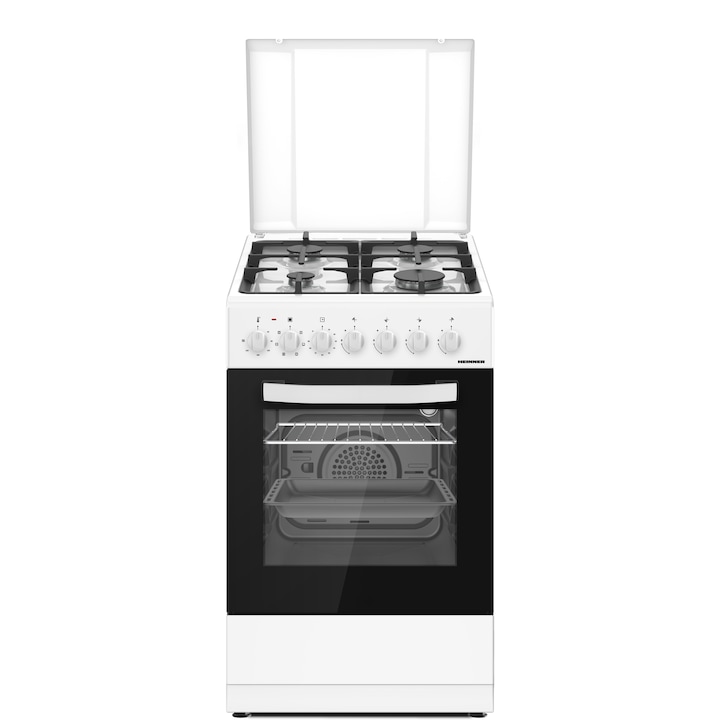 Газова готварска печка Heinner HFSC-S65MIXF-WH, 4 нагревателни зони, Ел. Запалване, Електрическа фурна, Клас A, Метален капак, Защитно устройство за котлона, 6 функции, Долно чекмедже за съдове, Хромирани тава и решетки, 49.8x61 см, Бял