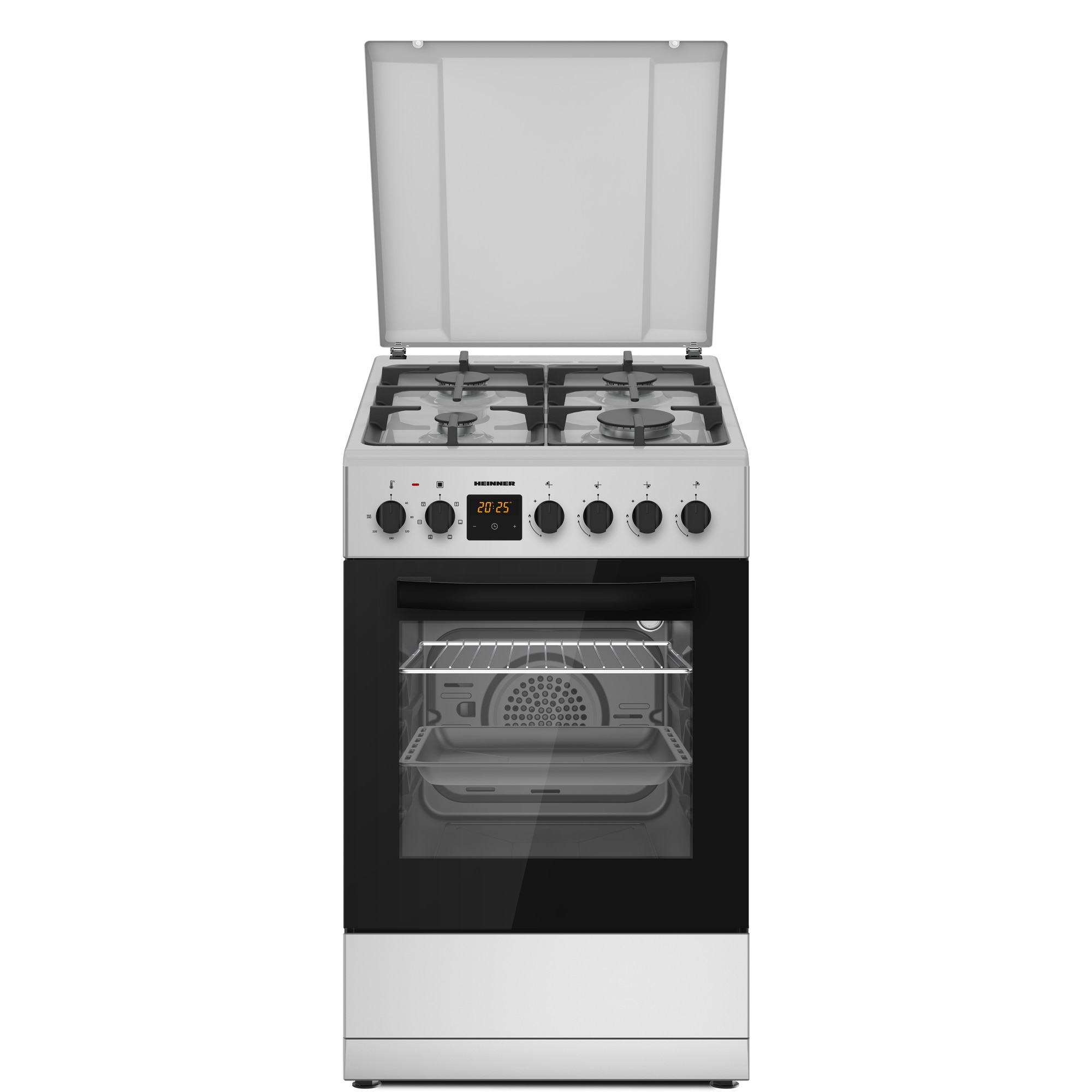 Aragaz mixt Heinner HFSC-S65MIXFD-SL, 50X60 cm, 4 arzatoare, Timer digital, Suport fonta, Capac metalic, Aprindere electrica plita, Dispozitiv siguranta plita, Cuptor electric, Cla
