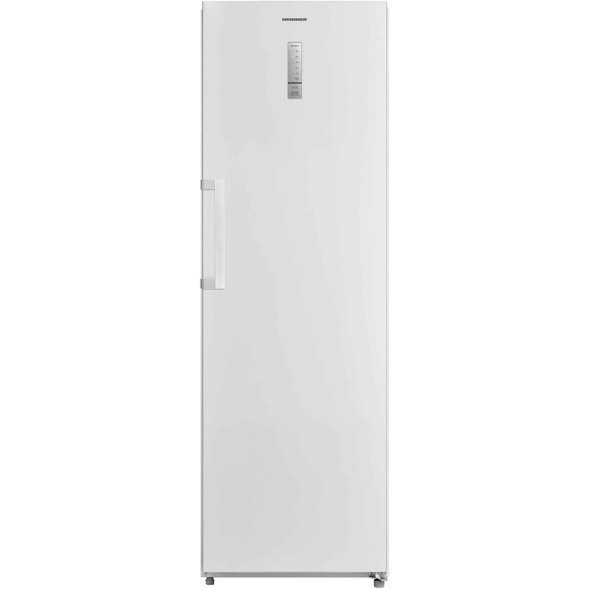 Frigider cu o usa Heinner HF-M362NFE++, 362 l, Clasa E, No frost, Display, Control electronic, Functie super racire, Alarma usa deschisa, Lumina led, 5 rafturi de sticla, 2 sertare