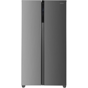 Combina side by side Heinner HSBS-HM442NFINVXD, 442 l, Clasa D, No frost, Display, Functie smart, Functie congelare/racire rapida, Adancime redusa 59.5 cm, H 177 cm, Inox