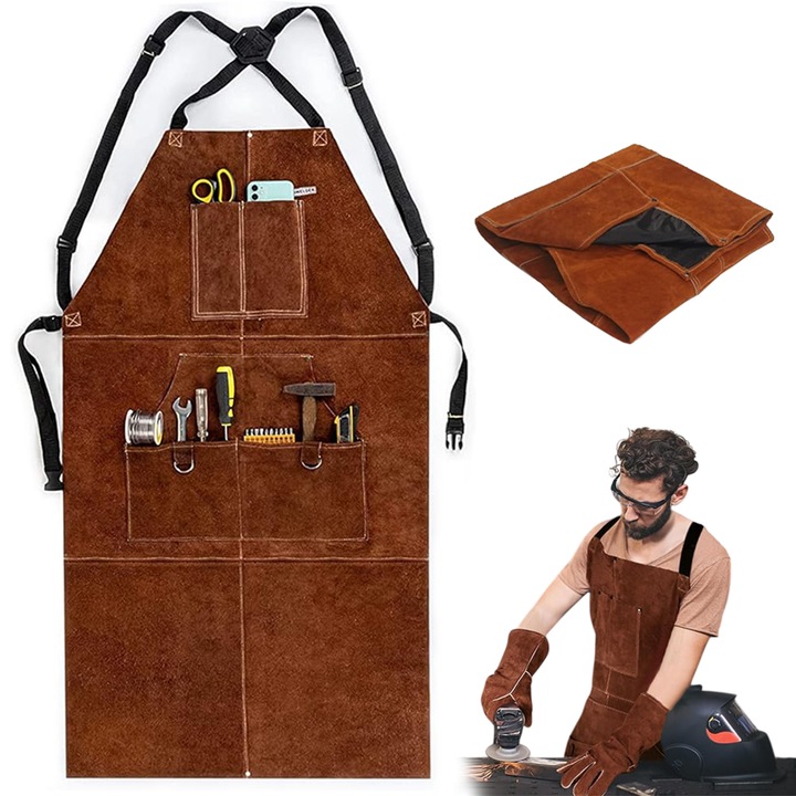 Sort de protectie, cu bretele incrucisate, constructie intarita, cu 6 buzunare, bretele reglabile pentru prelucrarea lemnului si a metalului in gradina