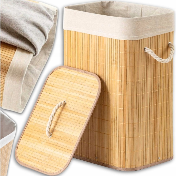 Cos pentru rufe din bambus, 72L, cu capac, design modern, ecru, 61x40x30cm