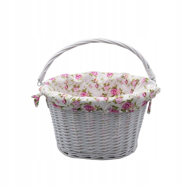 Cos bicicleta impletit alb cu captuseala florala, montare pe ghidon, 35x28x22cm
