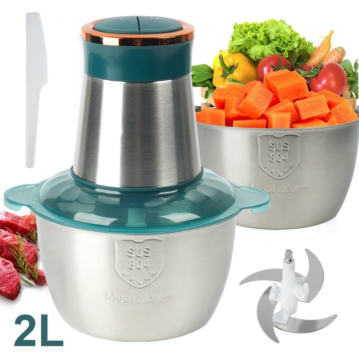 Robot de bucatarie, tocator electric cu 2 viteze, masina de tocat carne 2L cu seturi de 4 lame, tocator de legume puternic de 300W, folosit pentru amestecarea aluatului, carnii, nucilor, fructelor, usturoiului si legumelor
