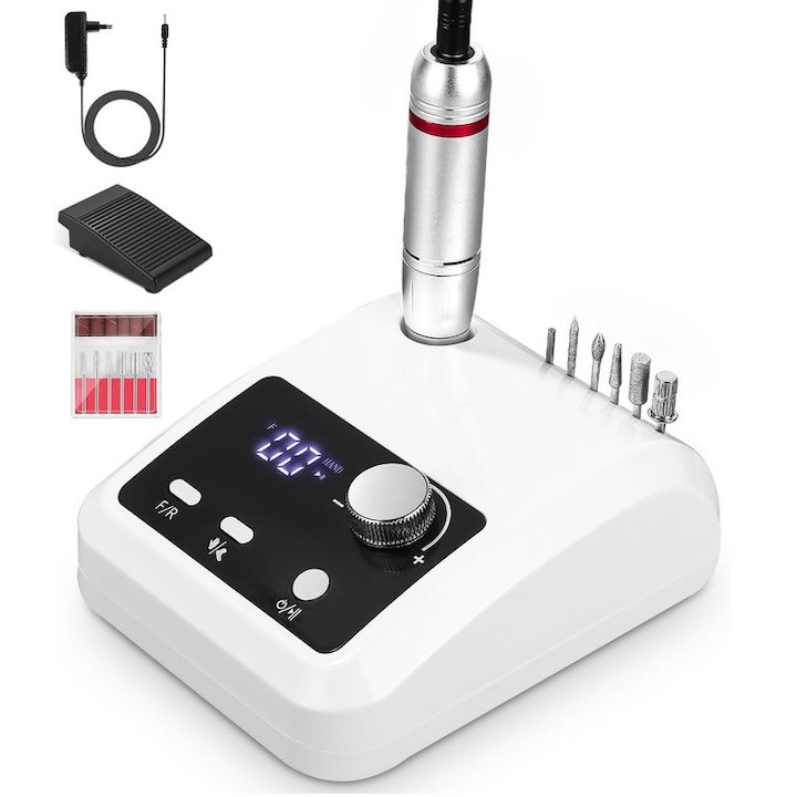 Електрически комплект за маникюр и педикюр Bedee, 45000RPM, 6 шлифовъчни глави, с педали, LED дисплей, преносим