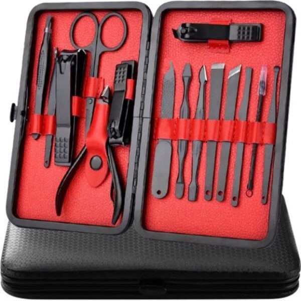 Set manichiura pedichiura Macvi® 15 piese din inox cu husa din piele ecologica si interior de velur sintetic rosu pentru ingrijirea completa a unghiilor