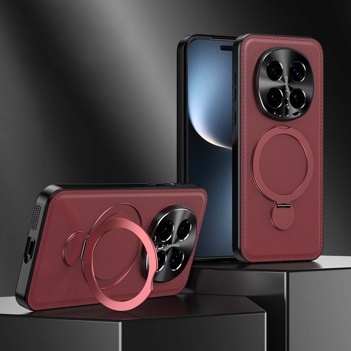 Husa de protectie pentru telefon mobil Honor Magic8 Pro, rosu inchis, suport rotativ 360, material TPU/Piele ecologica, Rosu inchis