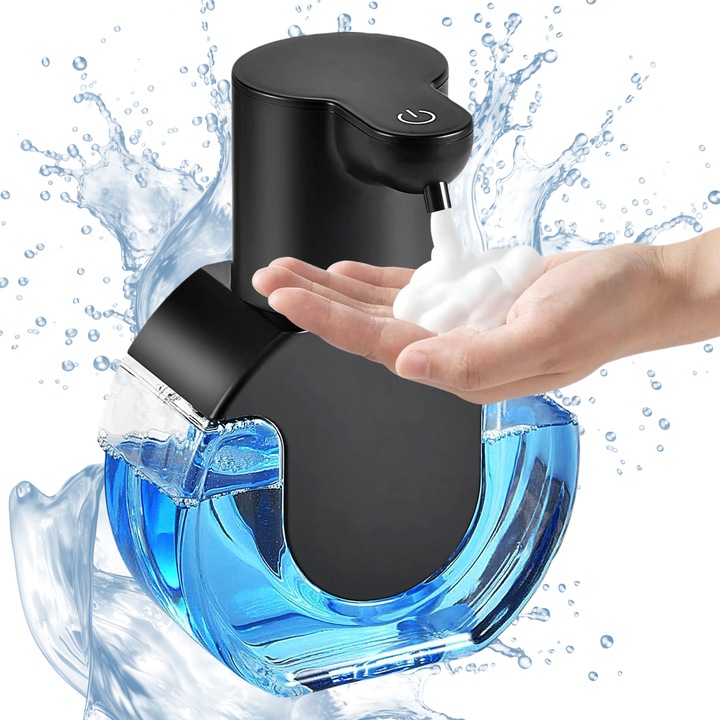 Dozator automat de sapun spuma Wacorresi, fara contact, prindere de perete, 400ml, 126x92x173mm, Prindere de Perete, Senzor de Miscare, Fara Atingere, Pentru Baie, Bucatarie, negru/transparent