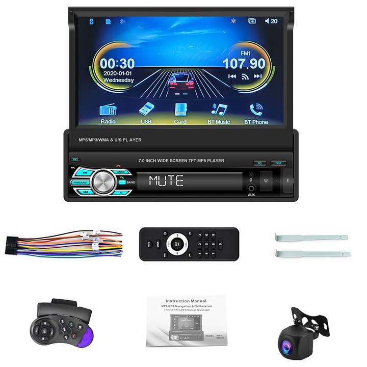 Radio auto universal cu ecran tactil LCD de 7 inchi, Duueyct, player MP5 universal, cutie cu ecran retractabil, Bluetooth, USB, comenzi la volan, telecomanda, camera de marsarier cu 4 lumini, negru