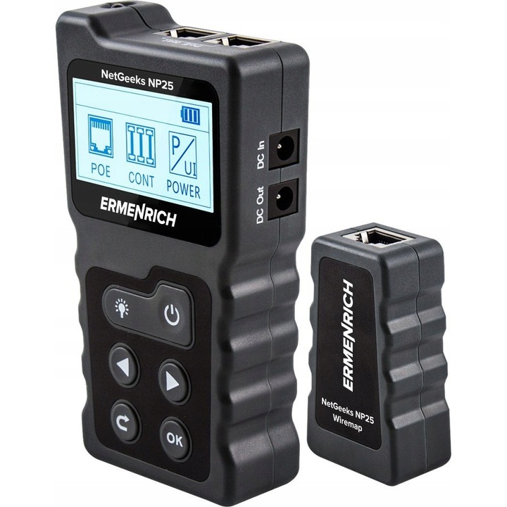 Tester cabluri electrice Ermenrich NetGeeks NP25, suport PoE, ecran LCD, 600m