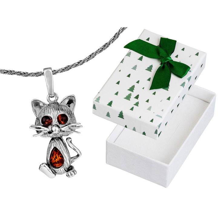 Colier dama Siju, din argint/chihlimbar, cu pandantiv in forma de pisica, in cutie de cadou, 38cm