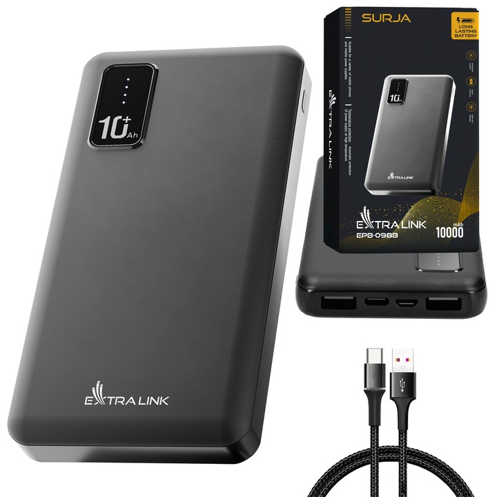 Extralink EPB-098B 10 000 mAh külső akkumulátor, fekete, USB-C, kompakt és könnyű, ideális okostelefonok, táblagépek és egyéb mobileszközök töltéséhez otthon és útközben