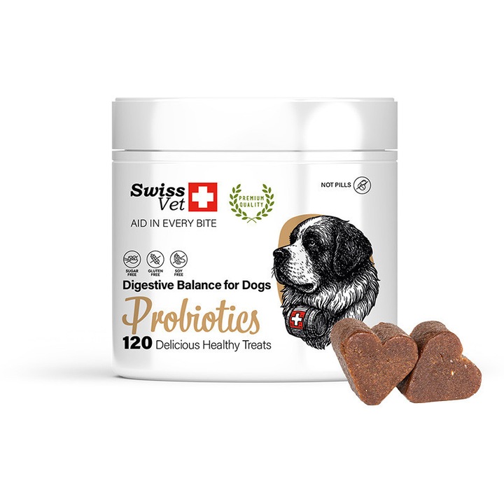 Supliment Nutritiv Pentru Caini, Swiss Vet, Probiotice, 120 Bucati, Probiotice Si Prebiotice Pentru Sustinerea Digestiei Sanatoase, Ulei De Somon Si Seminte De In Pentru Blana Si Vitalitate, Sustine Intestinele, Articulatiile, Blana, Pielea, Fara GMO