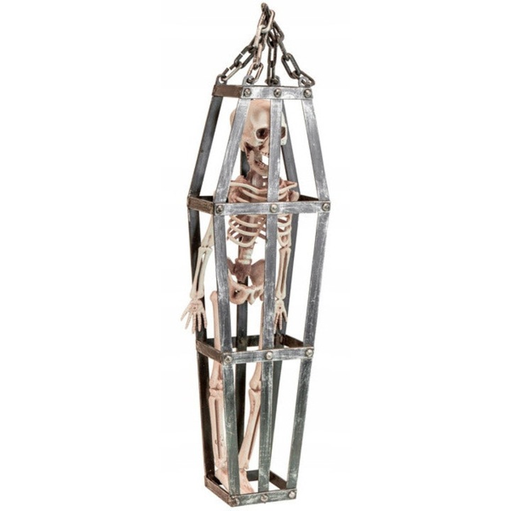 Schelet decorativ Halloween suspendat, Widmann, 43 cm, aspect grotesc, cusca in forma de sicriu