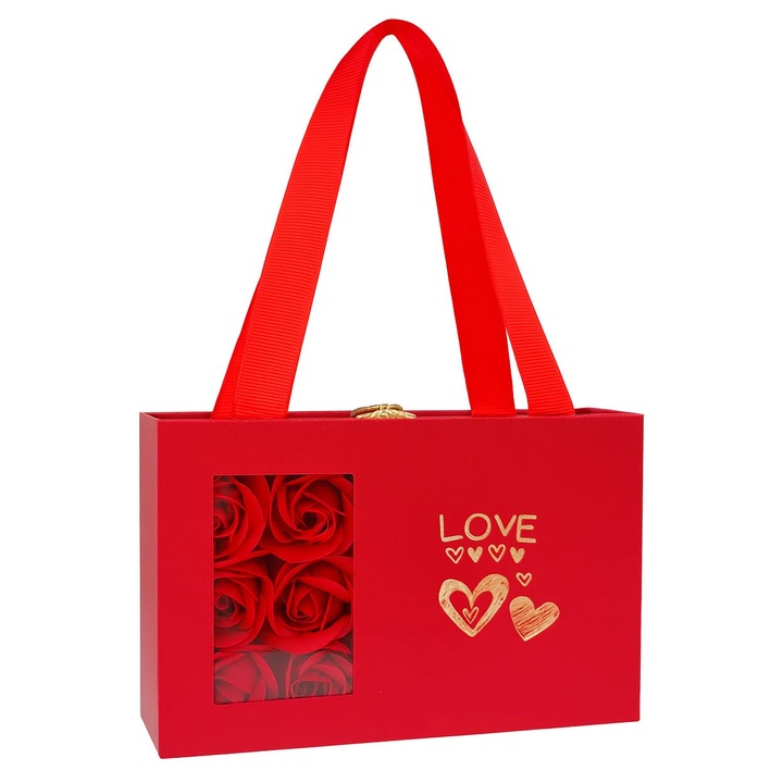 Set cadou cu 6 trandafiri de sapun rosii, cutie tip poseta cu fereastra, 15x9.5x5 cm