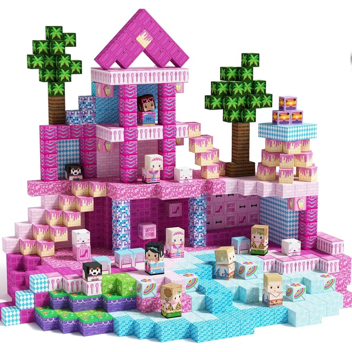 Set de 100PCS Blocuri Magnetice pentru Constructii pentru Fete 3+, Castel Roz cu Tema de Printesa, Jucarii STEM Senzoriale pentru Joaca pentru Copii, Cadouri de Ziua de Nastere