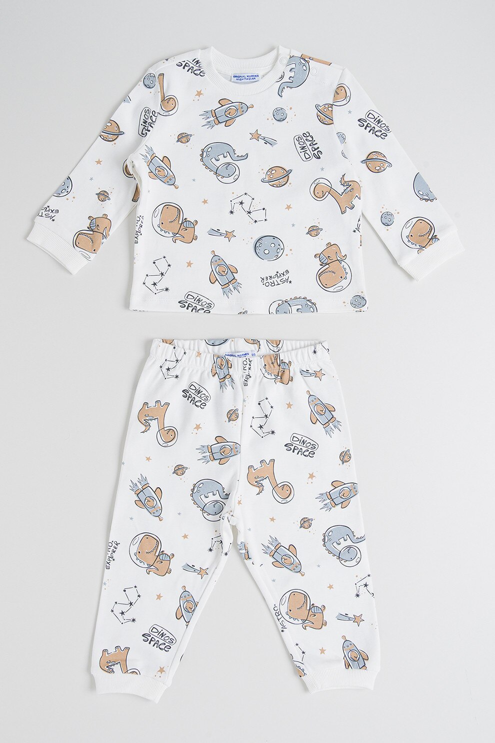 Original Marines, Pijama lunga cu model, Albastru prafuit, Maro fango, Alb murdar, 98 CM