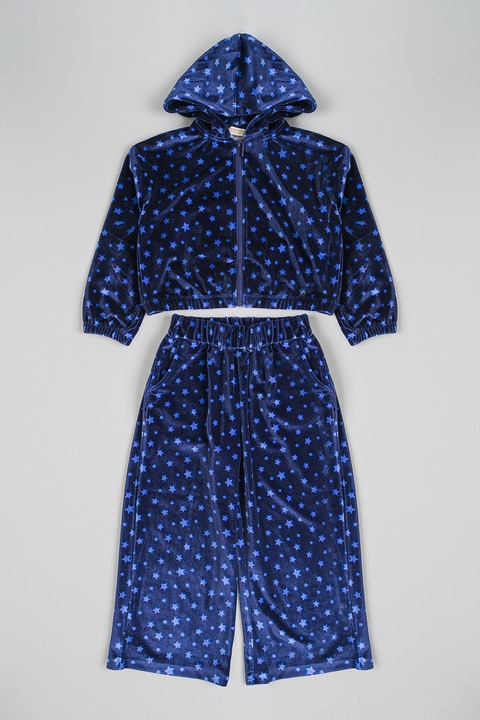 Original Marines, Set de hanorac catifelat cu fermoar si model si pantaloni de trening - 2 piese, Albastru deschis/Bleumarin