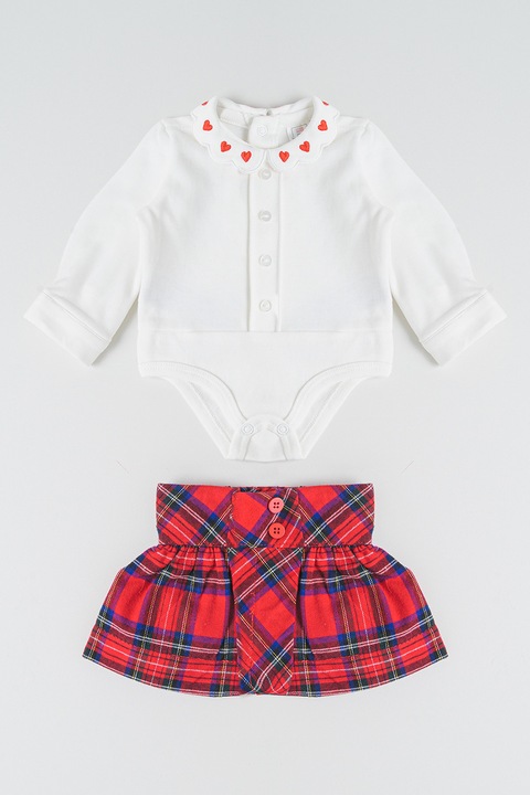 Original Marines, Set de fusta cu model in carouri si talie inalta si body - 2 piese, Rosu/Albastru inchis/Alb murdar