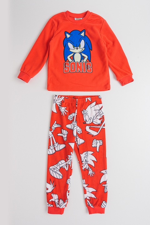 Original Marines, Pijama lunga din bumbac cu model Sonic, Rosu/Alb/Negru