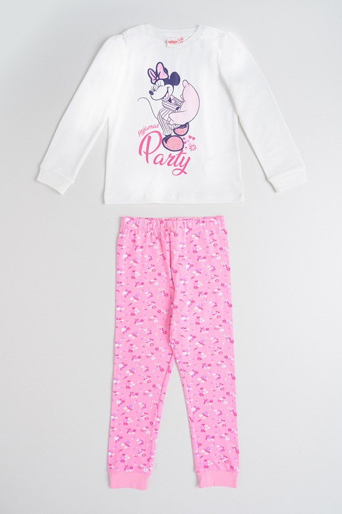 Original Marines, Pijama lunga din bumbac cu Minnie Mouse si imprimeu floral, Alb/Negru/Roz