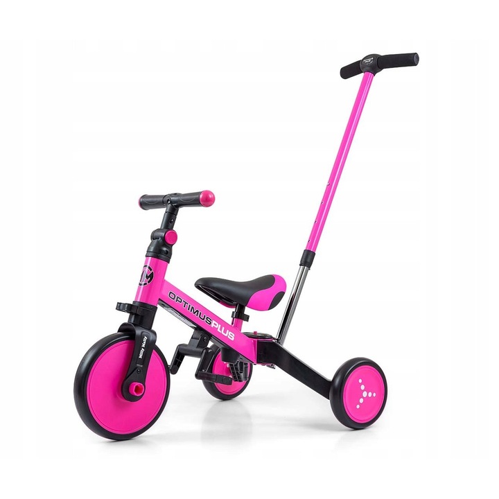 Tricicletă/bicicletă echilibru 4in1 Milly Mally Optimus Plus roz, cadru din oțel, anvelope din spumă, 12 luni+