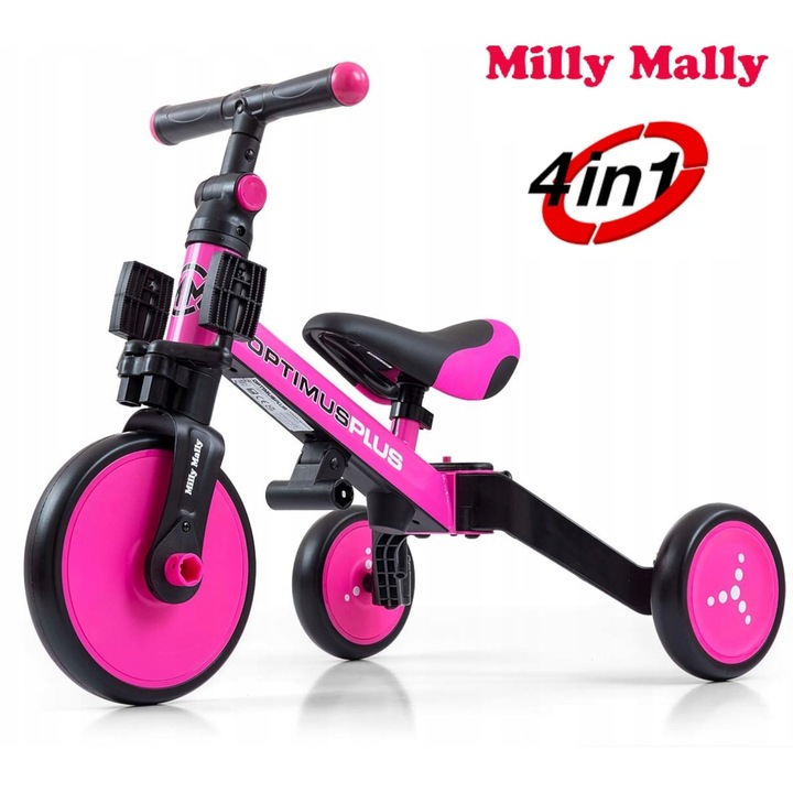 Tricicletă/bicicletă echilibru 4in1 Milly Mally Optimus Plus roz, cadru din oțel, anvelope din spumă, 12 luni+