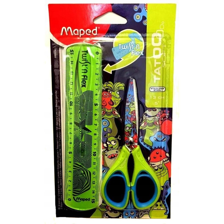 Set școală Foarfecă și Riglă Maped, otel inoxidabil, ergonomic, multicolor