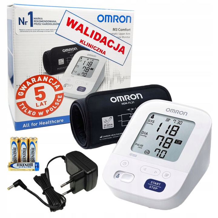 Tensiometru Omron M3 Comfort, detectare aritmii, mansetă 22-42 cm, alimentare prin adaptor