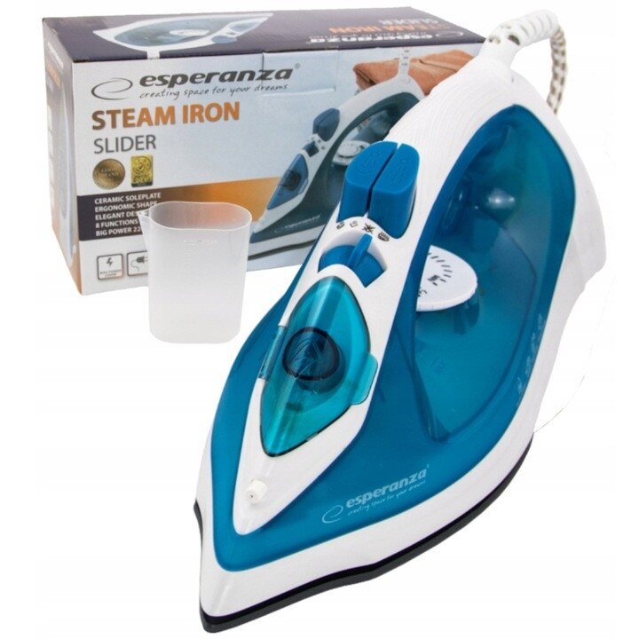 Fier de călcat cu aburi Esperanza Slider, 2200W, talpă ceramică, alb/albastru