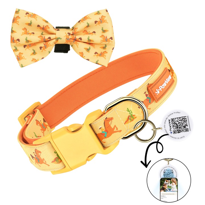 PawView® Zgarda pentru Caini cu Cod QR Personalizat (Dog ID Tag), Portocaliu, M (20mm x 33-51cm), cu Fundita Decorativa si Design Denim, Reglabila si Rezistenta, Disponibil S/M/L