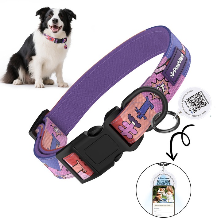 PawView® Zgarda pentru Caini cu Cod QR Personalizat(Dog ID Tag) Mov XS (15mm x 22-30cm), Reglabila si Rezistenta, Disponibil S/M/L
