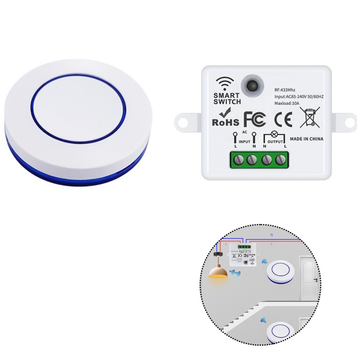 Vezeték nélküli WiFi távirányítós kapcsoló otthonra, 1 kapcsoló + 1 vevő, fényvezérlés, fehér színű színű szín