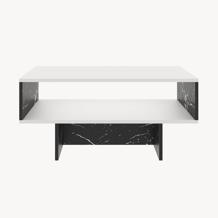 Masuta cafea, en.casa, Mjolby, 36 x 80 x 45 cm, pal, alb, negru marmorat, cu spatiu depozitare