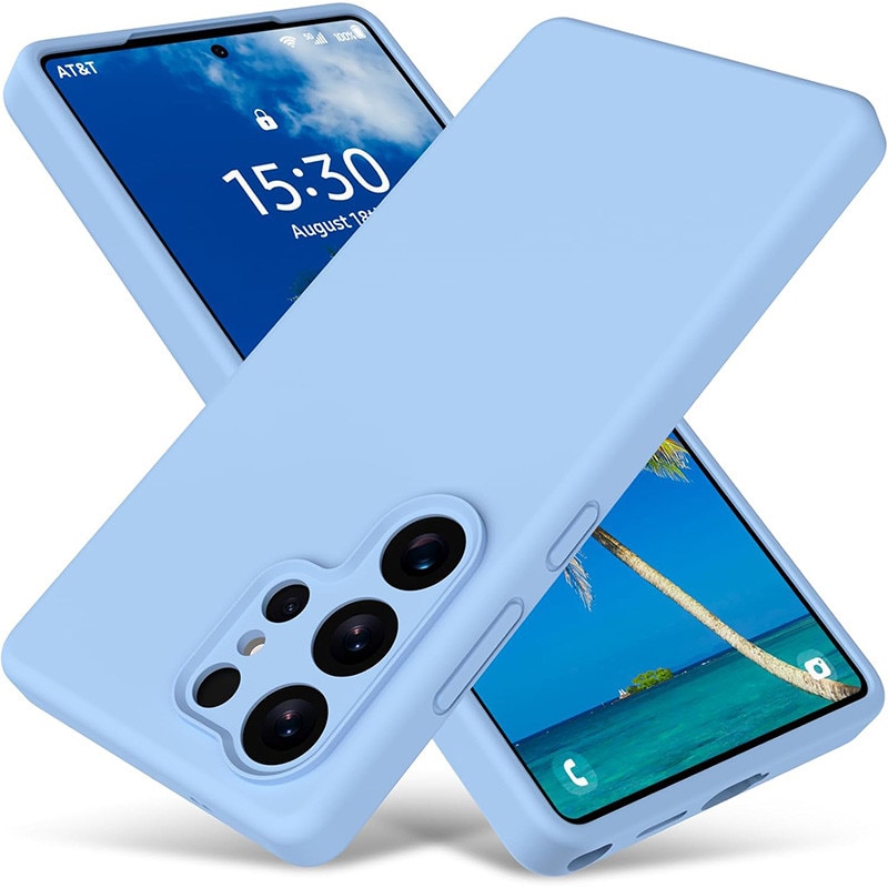 Husa subtire magnetica cu inel, pentru Samsung Galaxy S24 Ultra, albastru deschis, silicon lichid, rezistenta la socuri